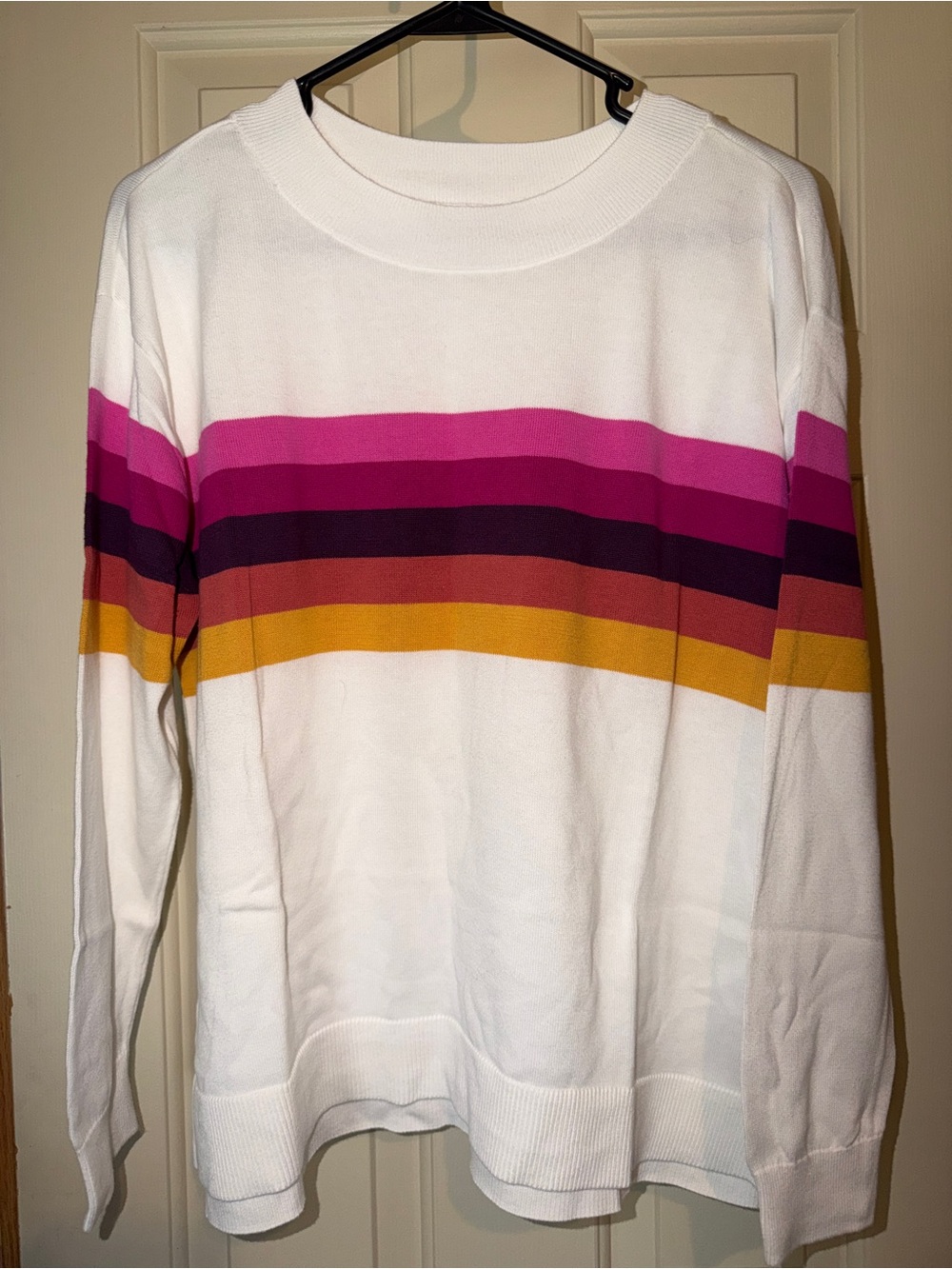 Lands End White Crewneck Sweater with Pink, Plum and Mustard Stripes